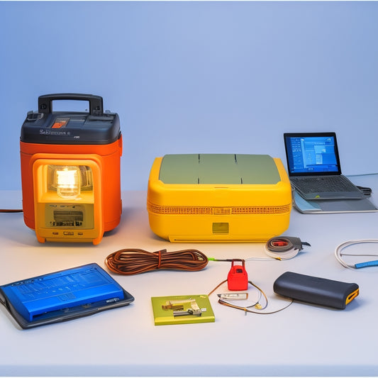 A clutter-free white background with a central arrangement of 3-4 portable power inverter kits, each with cables and adapters, surrounded by a laptop, power tools, and a camping lantern.