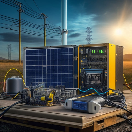An illustration of a battery charging setup with a prominent inverter at the center, surrounded by electrical wires, circuit breakers, and a solar panel in the background, with sparks and electrons flowing between components.