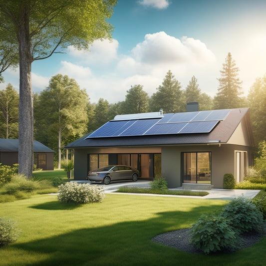 A modern home with solar panels on the roof, a wind turbine in the backyard, and a battery bank in the garage, surrounded by lush greenery and a sunny sky.