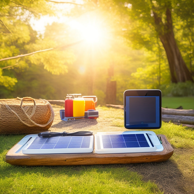 A vibrant outdoor scene featuring a portable solar battery charger on a picnic table, with a smartphone and tablet connected. Sunlight filters through trees, illuminating the charger's sleek design and solar panels.