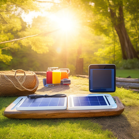 A vibrant outdoor scene featuring a portable solar battery charger on a picnic table, with a smartphone and tablet connected. Sunlight filters through trees, illuminating the charger's sleek design and solar panels.