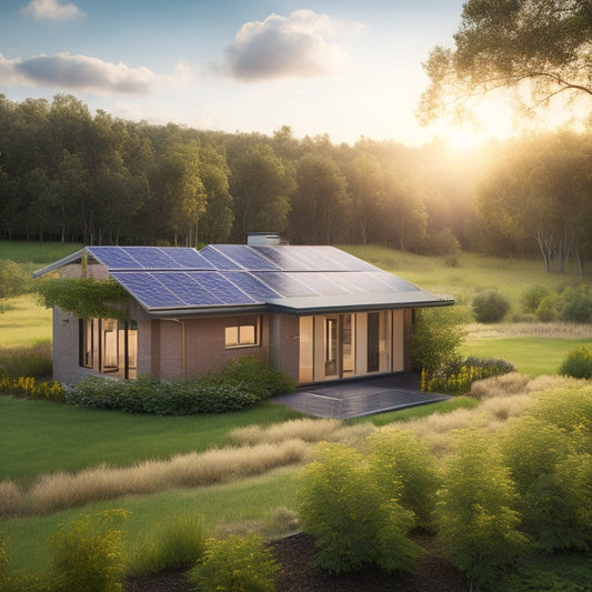 A serene landscape with a modern eco-home at its center, surrounded by lush greenery, with a sprawling solar panel array on the roof and a standalone battery storage unit in the yard.