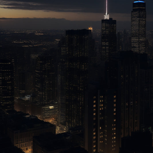 A darkened cityscape at dusk with a few buildings lit up, highlighting a single skyscraper with a functioning elevator and bright windows, amidst a backdrop of dark, powerless high-rises.