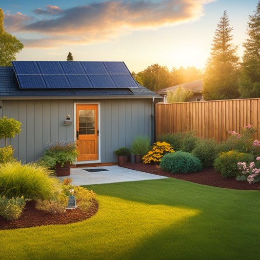 A serene suburban backyard featuring solar panels on a roof, a sleek battery storage unit beside a vibrant garden, and an energy meter on a wooden fence, with sunlight illuminating the scene.