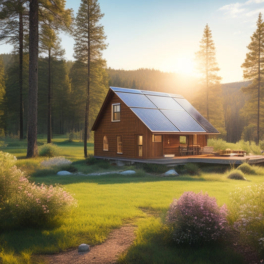 A serene off-grid landscape featuring a cozy cabin surrounded by lush greenery, solar panels glistening under the sun, and a clear blue sky, illustrating harmony between nature and sustainable energy.