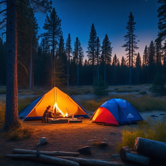A vibrant campsite scene featuring a colorful tent, a sturdy campfire with glowing embers, a neatly arranged backpack, essential cooking gear, a compass, and a scenic backdrop of tall pine trees under a starry night sky.
