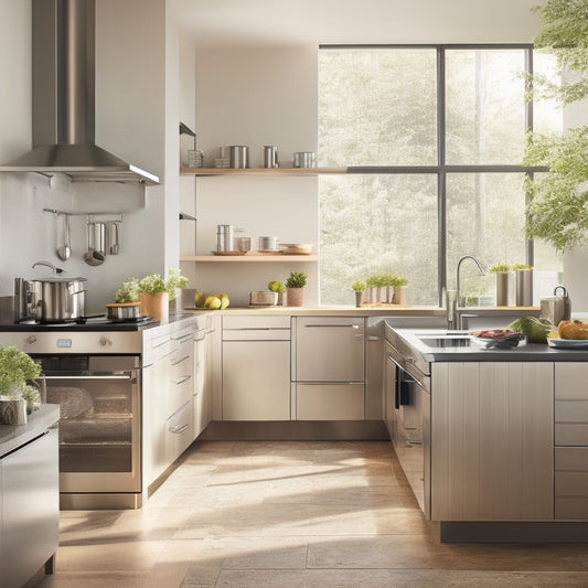 A modern kitchen with a sleek, wall-mounted, solar-powered stainless steel shelving unit, spotless countertops, and strategically placed utensils and cookware, illuminated by warm, natural light.