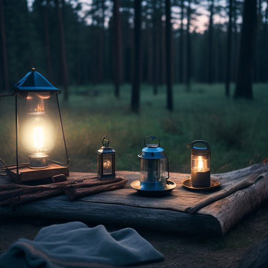 A serene forest campsite at dusk, with a portable battery pack charging a smartphone on a rustic wooden table, surrounded by a lantern, camping gear, and a faintly lit tent in the background.
