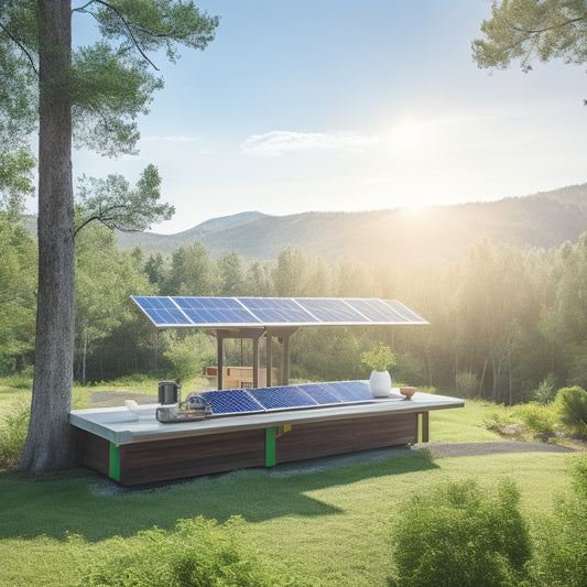 A serene outdoor setting showcasing a neatly arranged off-grid battery bank, solar panels glinting in sunlight, surrounded by lush greenery, with clear blue skies and a tranquil atmosphere, emphasizing efficiency and sustainability.