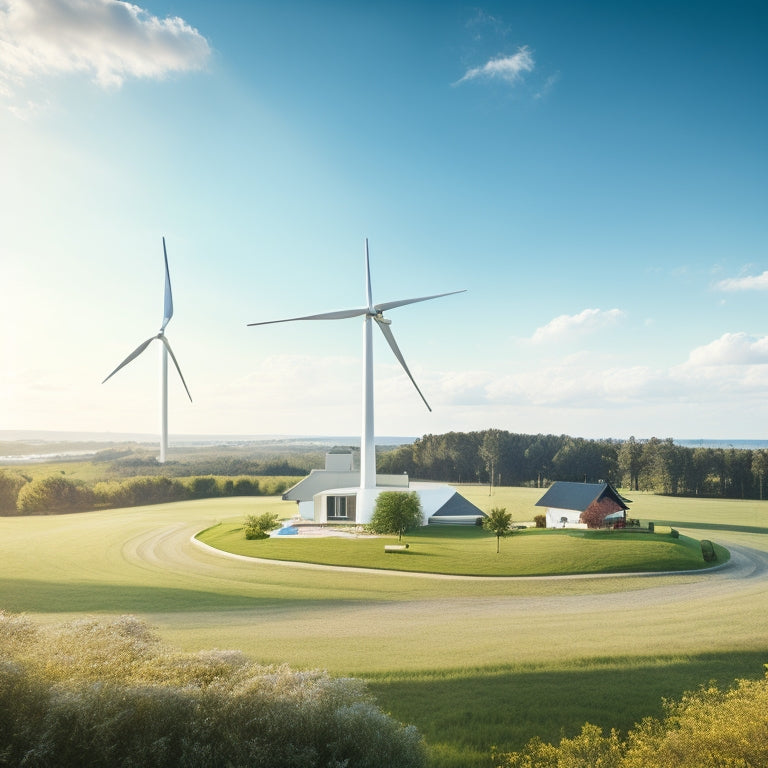 A serene landscape with a modern, sleek home in the center, surrounded by lush greenery and a subtle wind turbine in the distance, under a bright blue sky with fluffy white clouds.