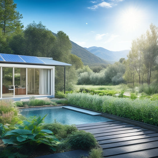A serene landscape featuring a solar-powered cooling system, natural ventilation through open windows, lush greenery, and a rainwater collection system, all under a clear blue sky, promoting sustainable living in harmony with nature.