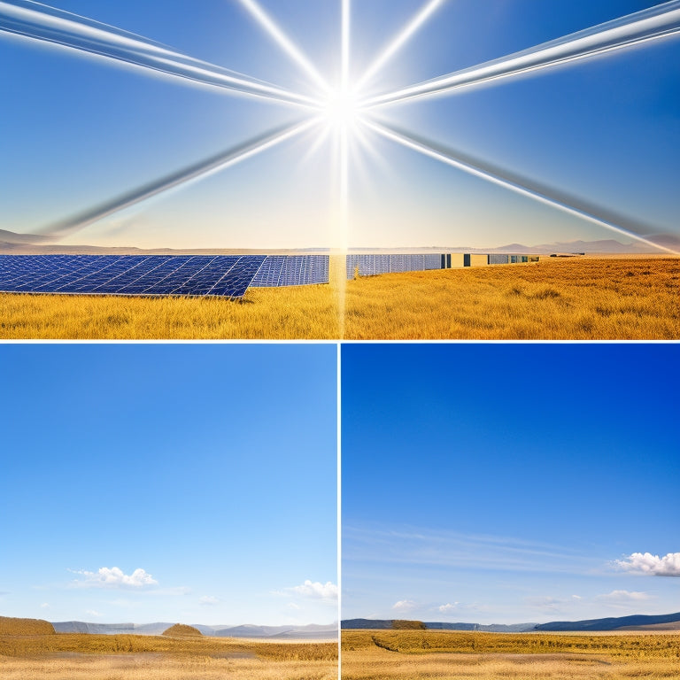 An illustration of a split-screen comparison: a south-facing solar panel array basking in warm, golden sunlight, versus a north-facing array shrouded in cool, blue shadows, with sunbeams and rays visualizing energy flow.