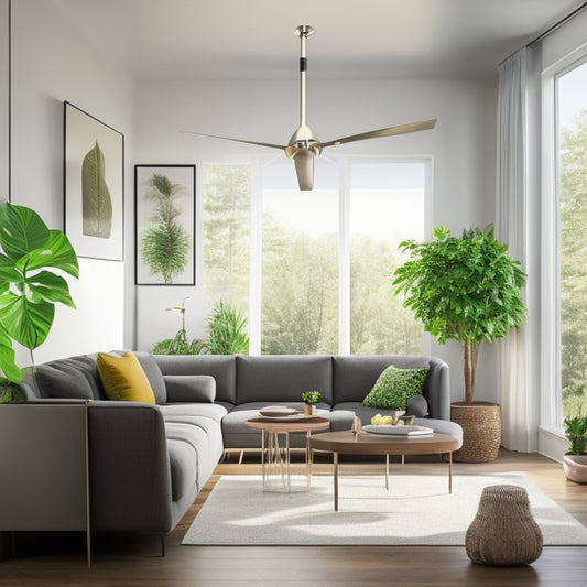 A serene living room with a lush greenery background, featuring a sleek, modern wind turbine-inspired ceiling fan, a solar-powered lamp, and a minimalist, eco-friendly refrigerator with a subtle leaf pattern.