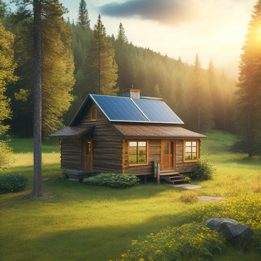 A serene off-grid landscape with a rustic cabin, surrounded by lush greenery. Solar panels are installed on the roof, with a battery storage unit beside it. Sunlight beams down, illuminating the scene.