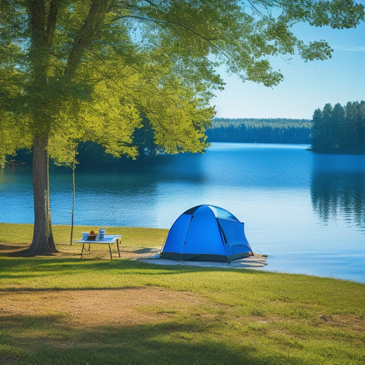 A serene campsite under a bright blue sky, featuring a solar-powered cooler beside a sparkling lake, surrounded by lush green trees and a cozy tent, with sunlight reflecting off the cooler's sleek design.