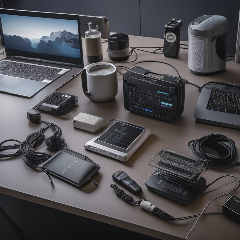 A futuristic, well-organized workspace with a laptop, multiple cables, and a remote power kit, featuring a sleek, compact design with various ports and a rechargeable battery pack.