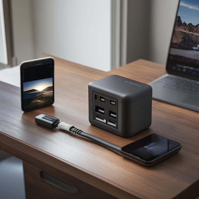 A sleek, modern power adapter with multiple USB ports, surrounded by various devices like smartphones, tablets, and smartwatches. Soft ambient lighting highlights the adapter's design, showcasing its versatility and convenience on a minimalist desk.