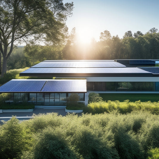 A modern business building with solar panels on the roof, surrounded by lush greenery and a clear blue sky. Sunlight glimmers off the panels, reflecting a commitment to sustainability and innovation.