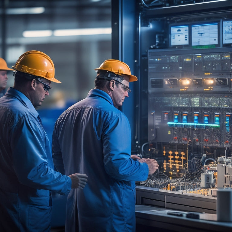 A vibrant industrial setting featuring a sleek automatic transfer switch, surrounded by glowing circuit diagrams, power lines, and energy-efficient appliances, with technicians in safety gear monitoring systems in a modern control room.