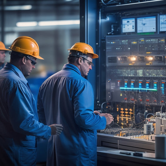 A vibrant industrial setting featuring a sleek automatic transfer switch, surrounded by glowing circuit diagrams, power lines, and energy-efficient appliances, with technicians in safety gear monitoring systems in a modern control room.