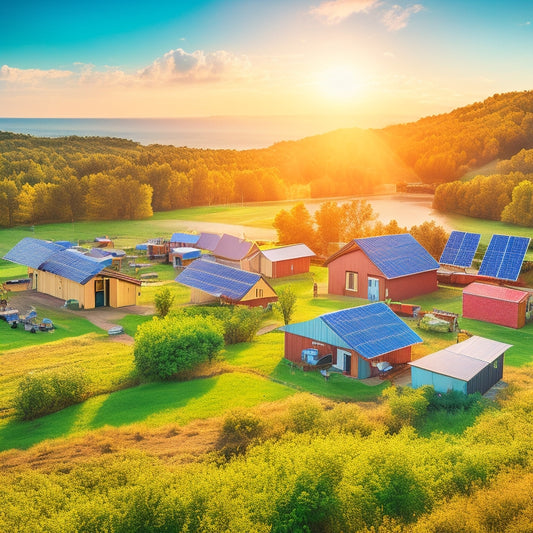 A serene, aerial view of a remote, sun-kissed village surrounded by lush greenery, with solar panels, wind turbines, and a network of interconnected, colorful storage containers.