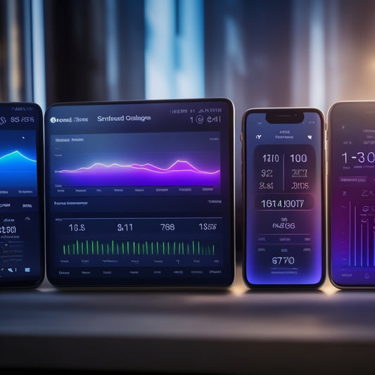 A smartphone screen displaying a dashboard with colorful gauges, graphs, and charts, surrounded by a faint outline of a house, with a subtle glow emanating from the devices.