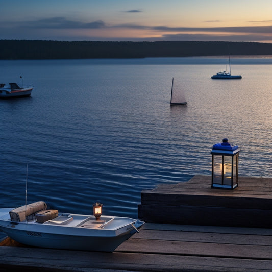 A serene ocean scene at dusk with a sailboat in the distance, a marine battery charger prominently displayed on the dock with various boat batteries and tools scattered around.