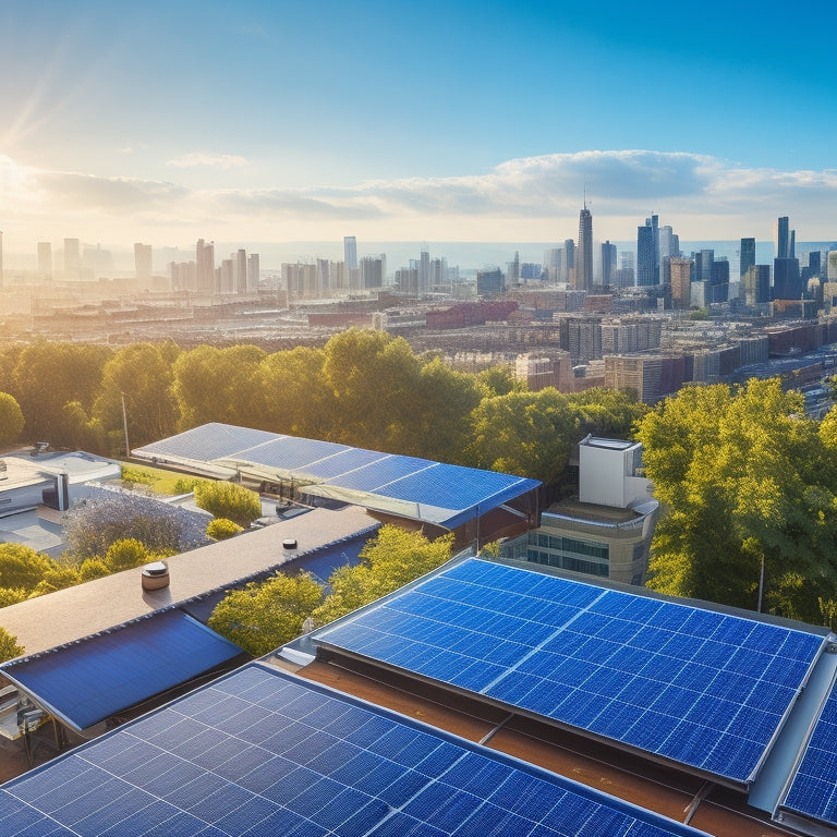 A bright, modern rooftop adorned with solar panels, overlooking a bustling city skyline, surrounded by green trees and a clear blue sky, showcasing a thriving business environment focused on sustainability and innovation.