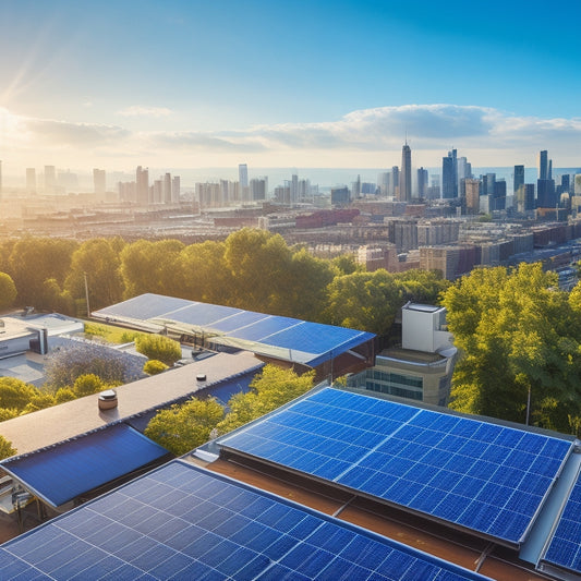 A bright, modern rooftop adorned with solar panels, overlooking a bustling city skyline, surrounded by green trees and a clear blue sky, showcasing a thriving business environment focused on sustainability and innovation.