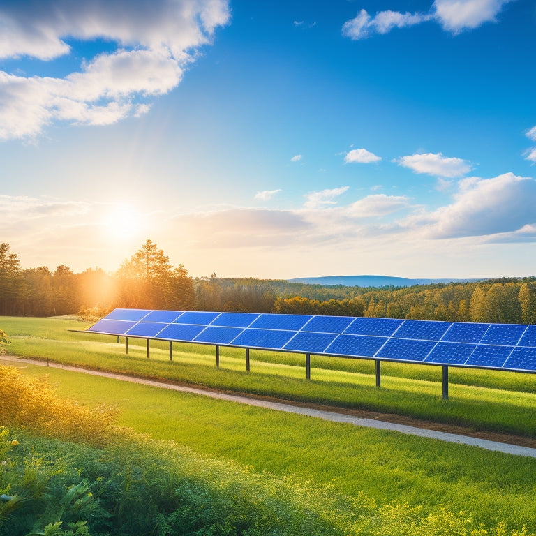 A serene landscape with a modern, sleek solar panel array in the foreground, surrounded by lush greenery and a bright blue sky with a few wispy clouds, conveying freedom and sustainability.