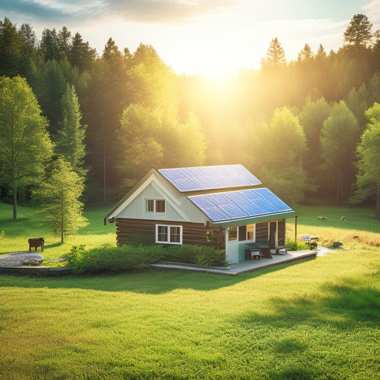 A serene landscape showcasing a cozy cabin surrounded by lush greenery, solar panels on the roof, a battery storage unit nearby, and a clear blue sky with fluffy clouds, illustrating the essence of sustainable living.