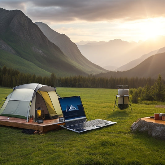 A serene outdoor setting with a camping tent, a portable energy system kit with solar panels, battery, and inverter, and a laptop plugged in, surrounded by lush greenery and a misty mountain range.