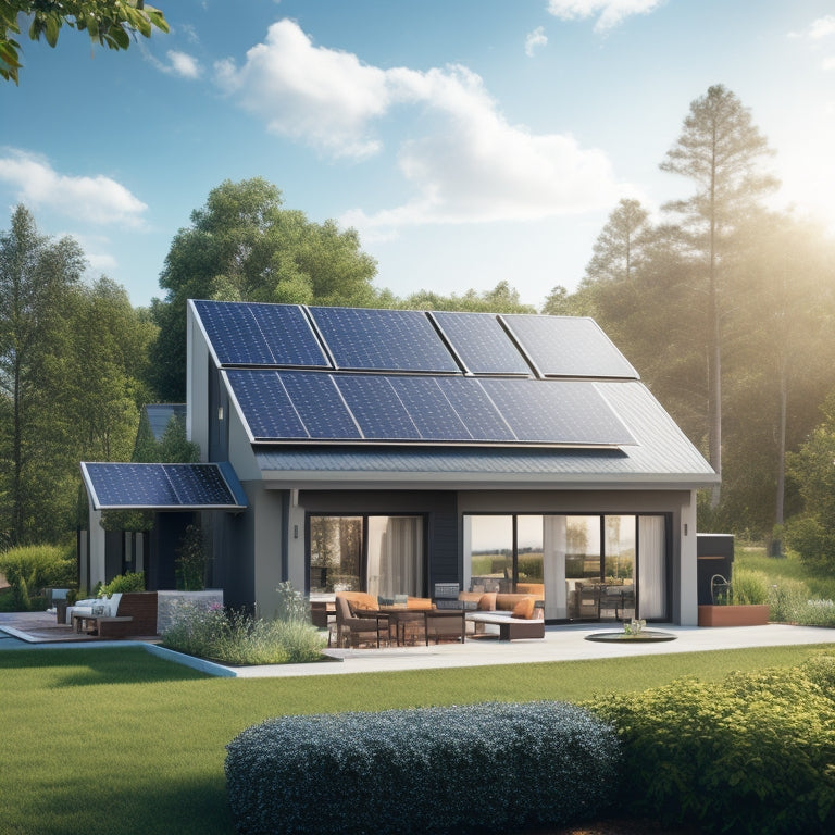 A serene suburban house with a sleek, black solar panel array on the roof, surrounded by lush greenery and a bright blue sky with a few white, puffy clouds.
