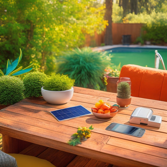 A bright, sunlit home showcasing various solar chargers on a patio table, surrounded by lush greenery. Include a close-up of a sleek solar panel, charging devices, and a price tag subtly placed nearby.