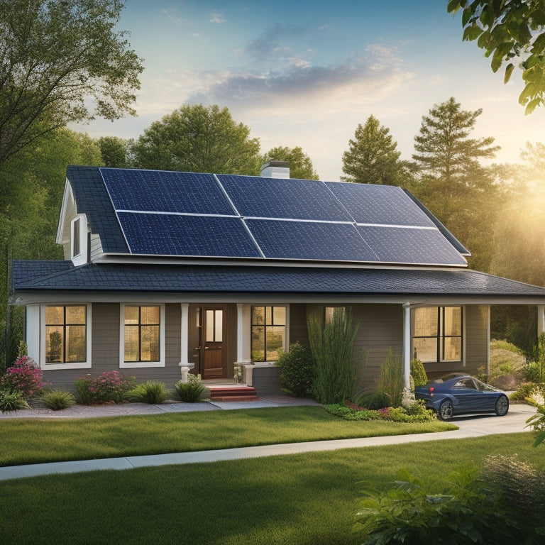 A serene suburban home with a sloping roof, surrounded by lush greenery, featuring three distinct DIY solar panel kits installed, each with varying panel sizes and mounting systems.