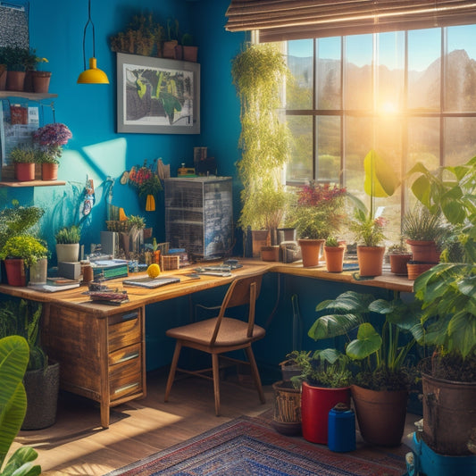 A vibrant workspace with a wooden table, scattered tools like a screwdriver and wire strippers, colorful solar panels, batteries, and step-by-step illustrated guides, surrounded by potted plants and sunlight streaming through a window.
