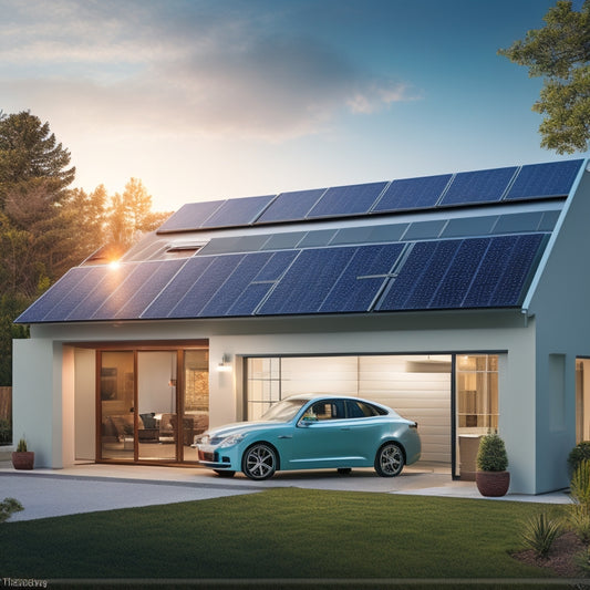 An illustration of a modern home with solar panels on the roof, a battery backup system in the garage, and a glowing green energy meter displaying a decreasing usage rate.