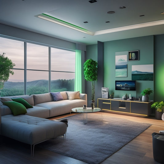 A futuristic, sleek living room with a wall-mounted battery system, solar panels on the roof, and a smartphone displaying a home energy monitoring app, amidst a subtle green glow.