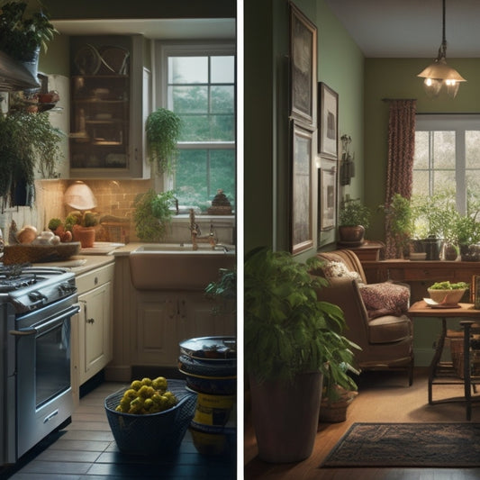 A split-screen image: a cluttered, dimly lit home with open windows, appliances, and lights on, versus a tidy, well-lit home with closed windows, energy-efficient appliances, and a few plants.