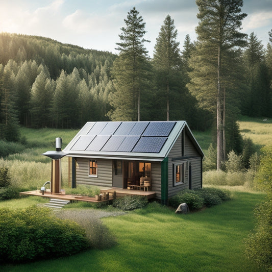 A serene off-grid cabin surrounded by lush greenery, with a solar panel array on the roof, a wind turbine in the distance, and a battery bank with various charging components inside.