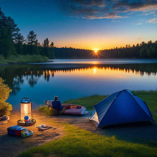 A vibrant camping scene at sunset, featuring solar-powered lanterns, a portable charger, a solar-powered cooler, and a rugged solar blanket, all surrounded by lush greenery and a tranquil lake reflecting the colorful sky.