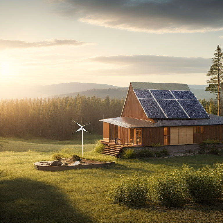 A serene, sun-kissed landscape with a small, modern off-grid cabin surrounded by lush greenery, featuring a rooftop solar panel array and a single wind turbine in the distance.