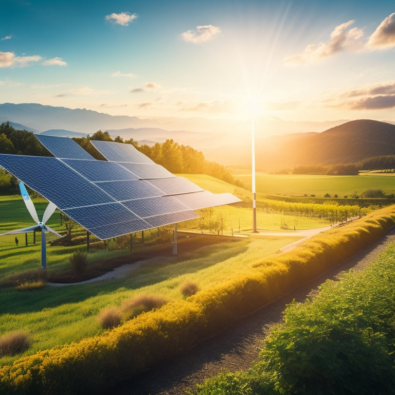 A vibrant landscape featuring sleek, crystalline solar panels glistening under a bright sun, surrounded by lush greenery. Distant wind turbines spin gently, illustrating a harmonious blend of technology and nature in renewable energy.