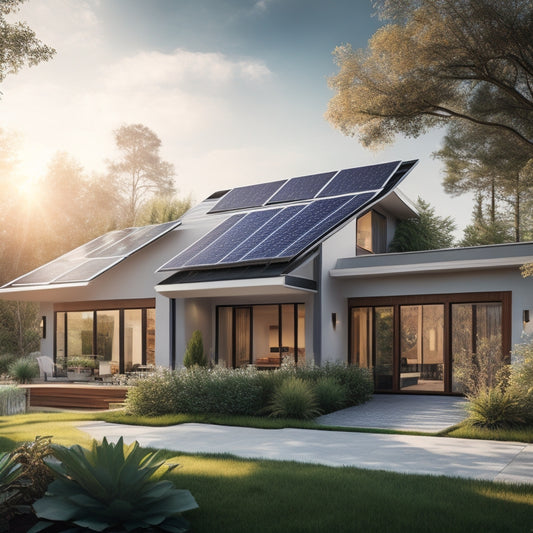 A modern home with sleek solar panels on a roof, showcasing sturdy solar panel roof rails glistening in sunlight, surrounded by lush greenery, emphasizing energy efficiency and sustainability in a tranquil suburban setting.