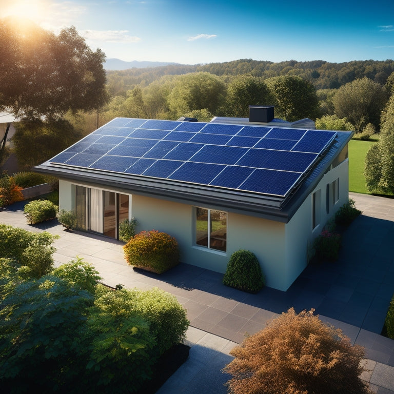 A photorealistic image of a residential rooftop with a sleek, black solar panel array, angled towards the sun, surrounded by a lush green garden and a clear blue sky.