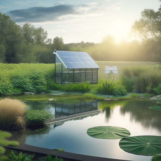 An illustration of a serene greenhouse with lush green plants, a solar panel array on the roof, and a small wind turbine in the background, powering a water pump submerged in a serene, reflective pond.