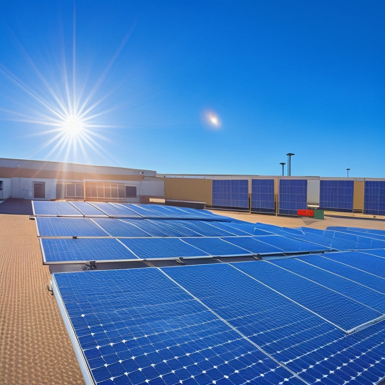 A rooftop view showcasing various solar panel mounts on a commercial building, featuring robust metal structures, angled brackets, and flat roof mounts, under a clear blue sky with sunlight reflecting off the panels.