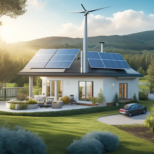 An illustration of a sustainable home surrounded by lush greenery, with solar panels on the roof and a wind turbine in the background, featuring 10 distinct battery backup systems in the foreground.