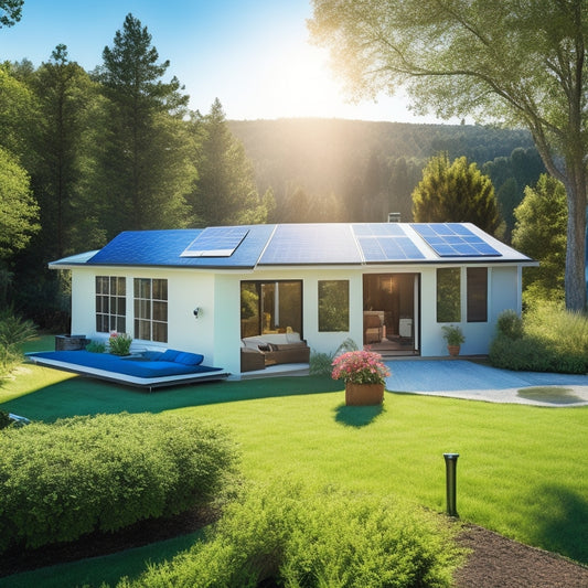 A serene backyard with a sleek, modern solar panel array on the roof, connected to a compact, silver battery backup system, surrounded by lush greenery and a sunny blue sky.