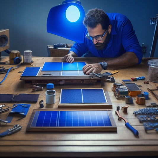 A photorealistic image of a person in a workshop, surrounded by tools and materials, assembling a DIY solar panel with silicon wafers, copper wires, and a wooden frame, set against a bright blue background.